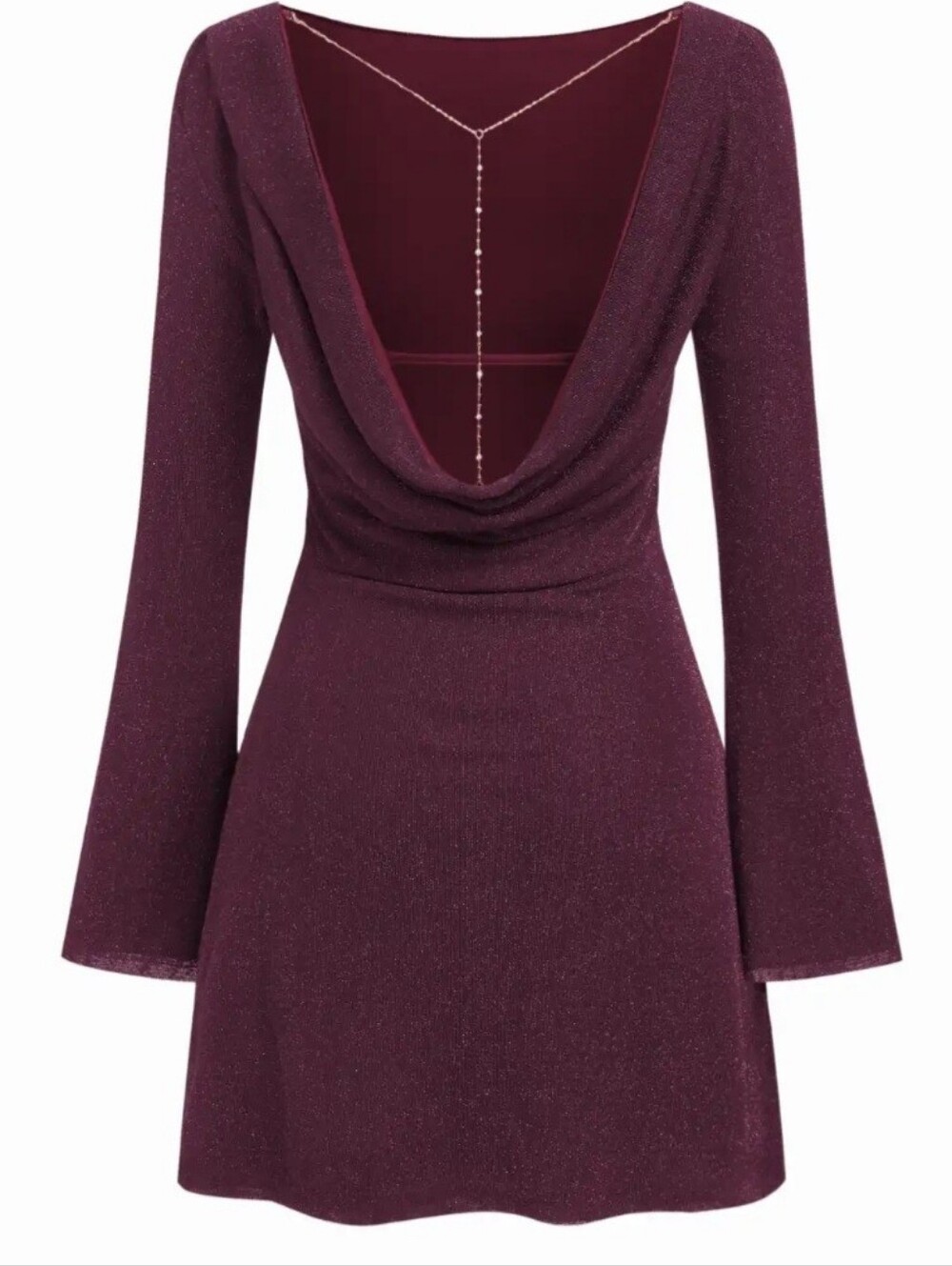 Cider Deep Plum Long-Sleeve Draped Back Mini Dress "M"